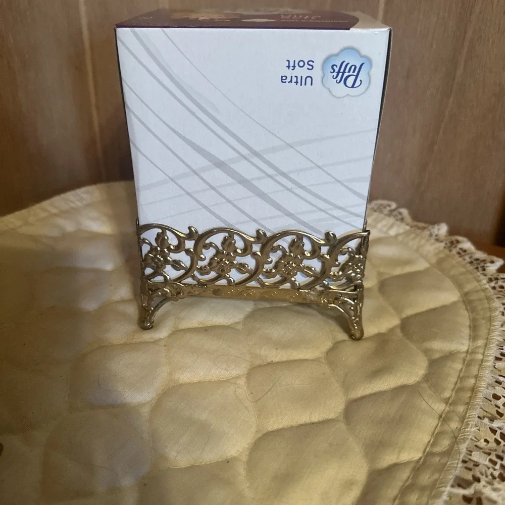 2pc Vintage Gold Filigree Tissue Box Cover And Holder Hollywood Regency Bath MCM
